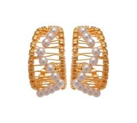 Kokoma Hollow Web Stud Earrings for Women Simulated Pearl C-Shaped Earrings Statement Studs Fashion Ear Jewelry Accessory, S, Copper, No Gemstone