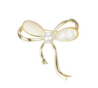 Kokoma Pearl Bow Knot Brooch Pin for Women Girls 14K Gold Plated Ribbon Lapel Pins Butterfly Knot Bow Badge Corsage for Dress Accessories Elegant Jewelry Gifts