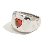 Kokoma Red Heart Ring for Women Cubic Zirconia Love Heart Ring Chunky Hammered Stacking Rings Eternity Promise Engagement Wedding Fashion Jewelry, Stainless Steel, No Gemstone