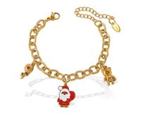 Kokoma Santa Claus Bracelet for Women Flower Teddy Bear Charms Stainless Steel Link Chain Adjustable Christmas Holiday Festive Accessory Jewelry