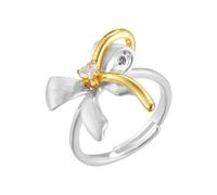 Kokoma Two-Tone Bow Statement Ring for Women Adjustable Open Band Promise Ring Crystal Accent CZ Wedding Bands Engagement Comfort Fit Dainty Jewelry