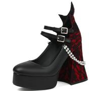 KOKOMOMO Womens Lace Flower Heels Goth Platform Shoes Chunky High Heel Mary Jane Heels Gothic Heels, A-black Pu, 6 UK