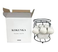 KOKUNKA Cups with Saucers Set, Ceramic Coffee Cups with Spoons and Metal Stand for Espresso, Cappuccino, Latte, Set of 6