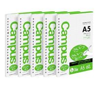 Kokuyo Campus Loose Leaf Paper for Binders, Sarasara Smooth Writing, A5, 5mm Grid Ruled, 20 Holes, 60 Sheets, pH Neutral, Bleed Resistant, 75gsm, Pack of 5, Japan Import. (NO-807S-5)