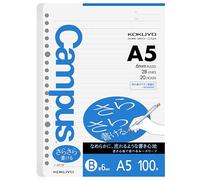 Kokuyo Campus Loose Leaf Paper for Binders, Sarasara Smooth Writing, A5, B 6mm Ruled, 20 Holes, 28 Lines, 100 Sheets, pH Neutral, Bleed Resistant, 75gsm, Japan Import (NO-807B)