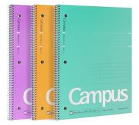 KOKUYO Spiral Notebook, 3 Pack Campus 10-1/2" x 8" Subject Notebooks with Wide Ruled, 80 Sheets, Purple Orange Turquoise 3 Holes School Spiral Journal for Work Study Note Taking (WSG-SU-400G3×3)