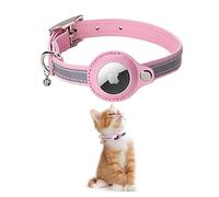 KOLACEN Reflective Leather AirTag Cat Collar, GPS Cat Collar with AirTag Adjustable Holder and Bell Compatible with Apple AirTag, Anti-Lost Cat Tracker Collar for Cats Kittens and Small Dogs (Pink)