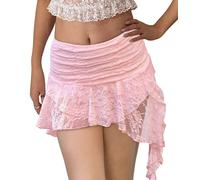 Kolagri Women Y2K Lace Mini Skirt Low Rise Pleated Ruffle Short Skirts Layered Flowy Asymmetrical Fairy Half Slip Skirt, Pink, M