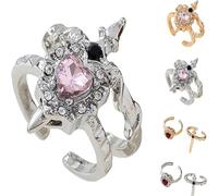Kolarmo 2026 New Vintage Adjustable Sword Piercing Heart Ring Set, Gothic Dagger Heart Rings with Rhinestone, Interlocking Jewelry (Silver-Pink)