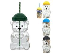 Kolarmo Cute Bear Glass Cups with Lids and Straws, 20oz Glass Coffee Cups, Cartoon Bear Shaped Glass Cup with Straws for Iced Coffee,Smoothie,Cocktail,Beer,Whiskey (Yellow)