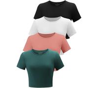 Kole Meego Cotton Workout Tops for Women Crop Tops Trendy Going Out Tops Gym High Neck Summer Shirts 4 Pack, Black / White / Coral Red / Deep Green, M