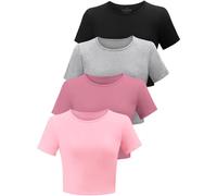 Kole Meego Cotton Workout Tops for Women Crop Tops Trendy Going Out Tops Gym High Neck Summer Shirts Gym Clothes 4 Pack, Black / Grey / Rose Red / Pink, M