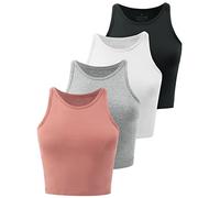Kole Meego Crop Tops for Women Workout Cropped Tank Top High Neck Camisole Yoga Shirts Athletic Undershirts 4 Pack, Black/White/Grey/Coral, Medium