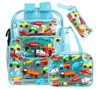 Kolewo4ever 3 Pieces Clear School Backpack Set Back to School Gift Blue Car Transparent Backpack with Lunch Bag and Pencil Pouch for Girl Boy Kid Heavy Duty Bookbags Middle School Travel Pack