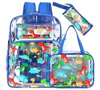 Kolewo4ever 3 Pieces Clear School Backpack Set Back to School Gift Blue Dinosaur Transparent Backpack with Lunch Bag and Pencil Pouch for Girl Boy Kid Heavy Duty Bookbags Middle School Travel Pack