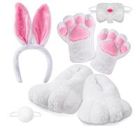 Kolewo4ever 5 Pieces Easter Bunny Plush Costume Adult White Rabbit Costume Bunny Feet Paws Nose Tail Headband for Women Men Easter Cosplay