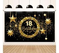 Koliphy 18th Birthday Decoration - Happy Birthday Banner for Boys & Girls, Black & Gold Backdrop Banner for Indoor & Outdoor Parties