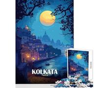 Kolkata India Nightscape Illustration Jigsaw 1000 Pieces for Teenagers Improve Overall Mental Performance Mindful Soothing Leisure Game (38x26cm)