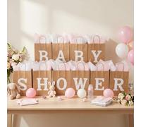 Kolldenn 10 Pcs Baby Shower Kraft Gift Bags with 20 Sheets Tissue Paper Baby Shower Letter Printed Paper Bag Gift Wrapping Set for New Mom Gender Reveal Party Favor Pregnancy Celebration Decor(Pink)