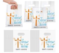 Kolldenn 100 Pcs Christian Easter Bags with Handles Bulk 7 x 9.5 Inch Religious Jesus Is Risen Plastic Gift Bag Easter Treat Goodie Party Favors for Egg Hunt Bible Church Party Supplies
