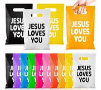 Kolldenn 100 Pcs Christian Gift Bags Bulk Jesus Loves You Religious Baptism Plastic Gift Bags with Handles Colorful Bible Verse Candy for Jesus Birthday Party Sunday School