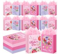 Kolldenn 100 Pcs Mother's Day Gift Bags Bulk Floral Happy Mothers Day Tissue Papers Floral Paper Bags with Handle for Mom Grandma Wife Mother's Day Gift Wrapping Supplies