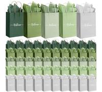 Kolldenn 100 Set Sage Green Wedding Welcome Bag Bulk with Handle and Tissue Paper 8.6"x5.9"x3.2" Paper Church Visitor Welcome Kraft Gift Bag for Guest Birthday Baby Shower Bridal Party Easter Hotel