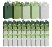 Kolldenn 100 Sets 200 Pcs Sage Green Gift Bags with Tissue Paper Bulk Sage Green Party Favor, 100 Thank You Gift Bags, 100 Wrapping Paper for Wedding Guests Birthday Baby Shower, 8.27 x 5.91 x 3.15