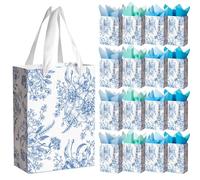 Kolldenn 12 Pcs Blue Floral Gift Bags with Handles Wedding Gift Bag with Tissue Paper Bridal Shower Goodie Treat Giving for Party Favor Birthday Bridal Bridesmaids Engagement