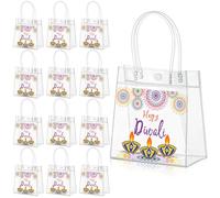 Kolldenn 12 Pcs Happy Diwali Clear PVC Gift Bags with Handle, Firework Transparent Totes Bag, Reusable Goodie Holder for Indian Deepavali Party Supplies Diwali Decorations (6.31"x 5.91"x 3.15")