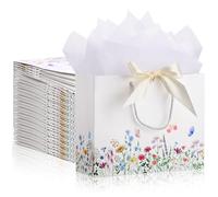 Kolldenn 12 Set 12.6" Large Gift Bag Horizontal with Handle Gold Bow Flowers and Tissue Paper Vintage Floral for Women Girl Celebrating Birthday, Wedding, Bridal Shower Party, Graduate (Wildflower)