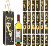 Kolldenn 24 Pack Black Wine Gift Bags with Handles Bulk 3.7 x 3.5 x 13.7 Inches Reusable Liquor Wine Bottle Bags for Gifts in 4 Designs Holidays Alcohol Champagne Bottle Wraps for Birthdays Engagement