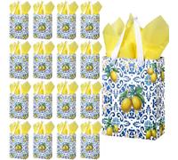 Kolldenn 24 Pcs Blue Capri Lemon Gift Bags with Handles Amalfi Coast Elegant Wedding Gift Bag for Guests Mediterranean Paper Treat Bag Lemon Party Favor Bags for Bridal Shower Birthday Tea Party