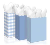 Kolldenn 24 Pcs Blue Scalloped Gingham Party Supplies Gift Bags with Handles Scallop Kraft Paper Treat Candy Goodie Party Favor Bags for Baby Shower Birthday Wedding Decor
