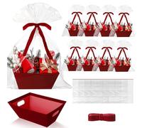 Kolldenn 24 Pcs Christmas velvet Burgundy Red Gift Baskets 8" x 10" for Empty Gift Kit with Handles 8 Red White Stripes Basket 8 Bags and 8 Bows to Fill for DIY Xmas Wrapping