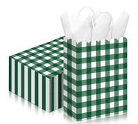 Kolldenn 24 Pcs Dark Green Gingham Gift Bags with Handles