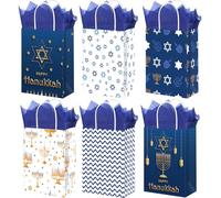 Kolldenn 24 Pcs Hanukkah Gift Bags with Tissue Paper Assorted Happy Chanukah Jewish Menorah Paper Present Bags for Festival Party Supplies Decoration
