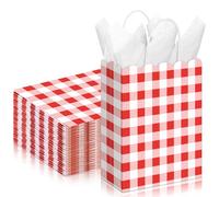 Kolldenn 24 Pcs Red Gingham Party Supplies Gift Bags with Handles Kraft Paper Checkered Plaid Treat Candy Goodie Bags for Birthday Wedding Gingham Party Favors (8.27 x 6.3 x 3.15 Inch)