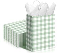 Kolldenn 24 Pcs Sage Green Gingham Party Supplies Gift Bags with Handles Kraft Paper Checkered Plaid Treat Candy Goodie Bags for Birthday Wedding Gingham Party Favors