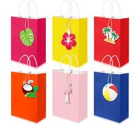 Kolldenn 24 Pcs Summer Party Paper Gift Bags with Handle, 30 Pcs Wooden Summer Hanging Ornaments Luau Hawaiian Tropical Party Favors for Birthday Treat Gift Goodie Candy Snack Supplies, Multicolor