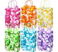 Kolldenn 24 Set Hawaiian Flower Party Favors Include 24 Pcs Hibiscus Paper Bags with Handles and 24 Pcs Tropical Flower Lei Garland for Summer Luau Treat Bags Hawaii Aloha Tiki Party Supplies