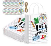 Kolldenn 24 Sets 1st Grade Back to School Gift Bags Line Notebook Treat Bags with Handles Cards Welcome First Day of School Teacher Gifts 1st Grade Classroom Essentials for Students Celebration Supply