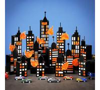 Kolldenn 25 Pcs Firefighter Theme Party Decorations 15 Pcs Skyscraper 3D City Fire Flame Boxes City Skyline Buildings Fire Theme Treat Boxes Firefighter Centerpieces for Fireman Birthday Party Favors