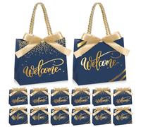 Kolldenn 30 Pcs Small Welcome Metallic Gift Bags with Handles and Bow 5.5x2.4x4.8'' Mini Navy Blue Paper Bag Bulk Gold Foil Christmas Welcome Party Favor for Wedding Church Visitors Guests Birthday