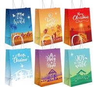Kolldenn 48 Pcs Christmas Nativity Gift Bags Christian Religious Gifts Bags Bulk Jesus Gift Bag Joy to the World Kraft Favor Bag with Handle Holy Night Merry Christmas Goodie Treat Bag for Party Favor