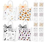Kolldenn 48 Pcs Halloween Clear PVC Gift Bags with Handle Ribbon Reusable Pumpkin Ghost Spider Web Goodies Treats Totes Bulk for Trick or Treat Party Supplies, 5.9 x 6.3 x 2.8 Inch