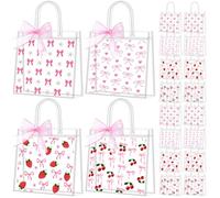 Kolldenn 48 Pcs Pink Bow Strawberry Cherry Clear PVC Gift Bags with Handle Ribbon Reusable Coquette Daisy Flower Fruit Goodies Treats Totes Bulk for Birthday Wedding Baby Shower, 5.9 x 6.3 x 2.8 Inch