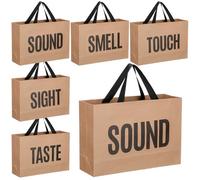 Kolldenn 5 Pcs 5 Senses Gift Bags for Him Her Five Senses Gift Bags Taste Touch Smell Sound Sight Wrapping with Handle for Birthday Wedding Christmas Holiday Party(Kraft,12.6 x 8.7 x 4 Inch)
