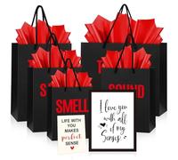Kolldenn 5 Pcs 5 Senses Gift Bags for Him or Her Five Senses Bags with Handles Tissue Paper Kraft Envelope Greeting Card for Birthday Wedding Anniversary DIY Gift (Size A,Black Red)
