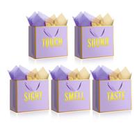 Kolldenn 5 Senses Gift Bags for Him Her Five Senses Gift Bag with Ribbon Handles and Tissue Paper Present Wrappings for Valentine Wedding Birthday Mothers Day (Light Purple,11.8 x 10 x 4 Inch)